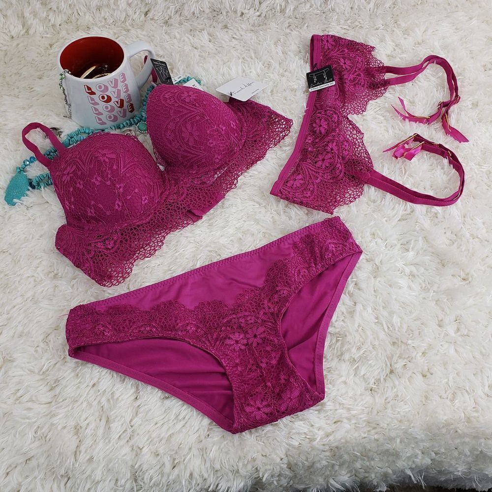 French Affair 36B Pink Lace Garter/Bikini  M PushUp Criss Cross Styling …